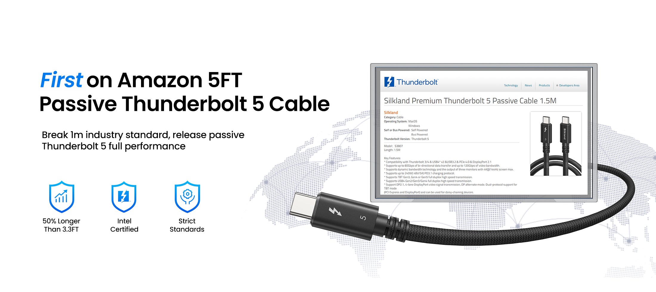 Silkland World's First 5FT Passive Thunderbolt 5 Cable - Intel Certified