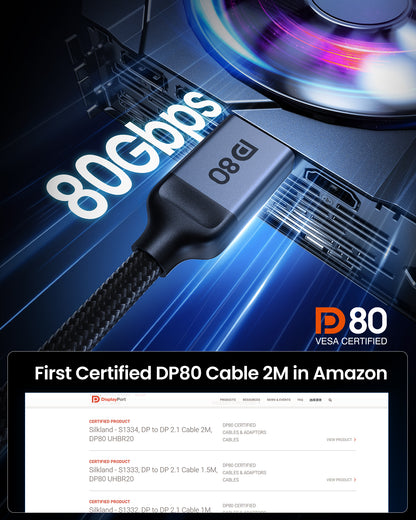 [VESA Certified] DP80 DisplayPort 2.1 Cable for 4K 240Hz Gaming